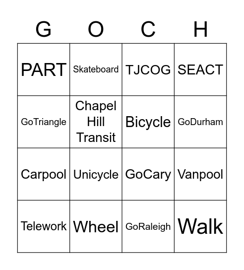 Transportation Bingo Card