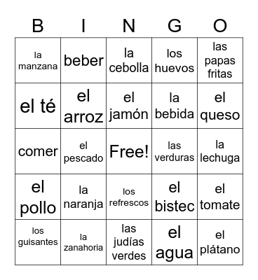 Las comidas y bebidas Bingo Card