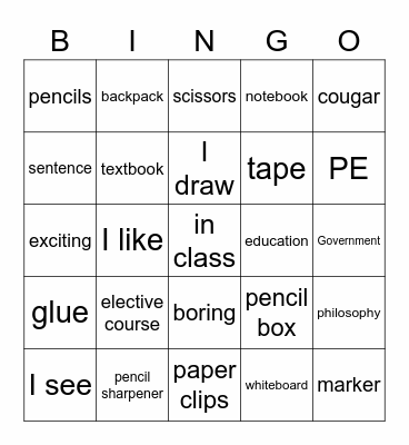 School Bingo Card