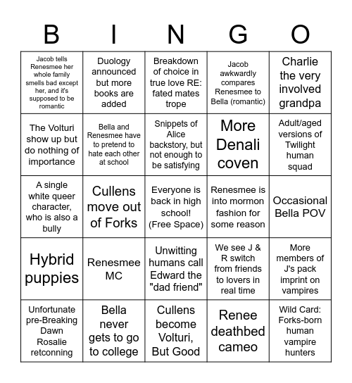 Twilight Sequel Bingo Card
