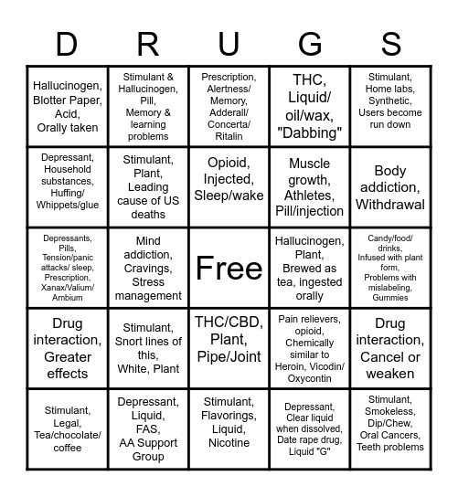 Unit 4 - Health Education Bingo Card