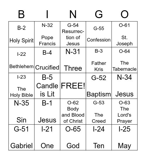 RELIGIOUS ED BINGO Card