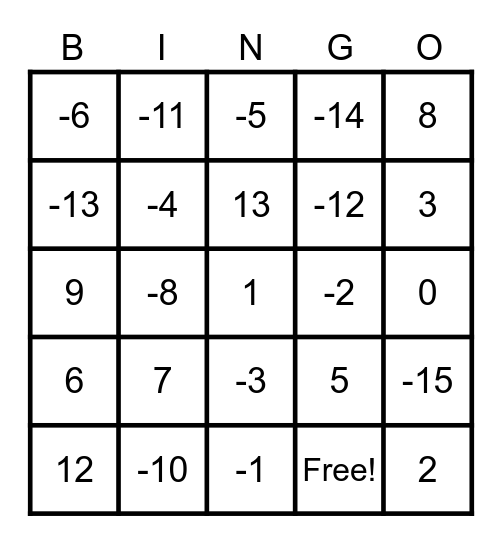 Add and Subtract Integers Bingo Card