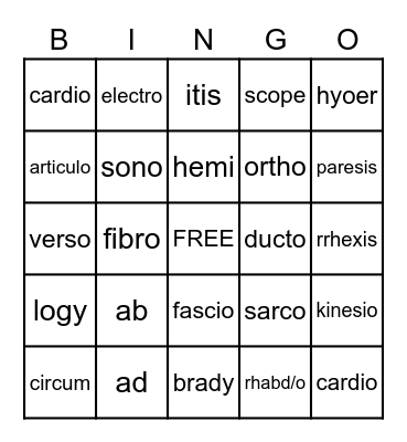 Muscular System Bingo Card