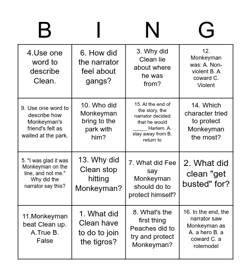 Monkeyman Bingo Card