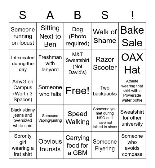 PCT SABS-ing Bingo Card