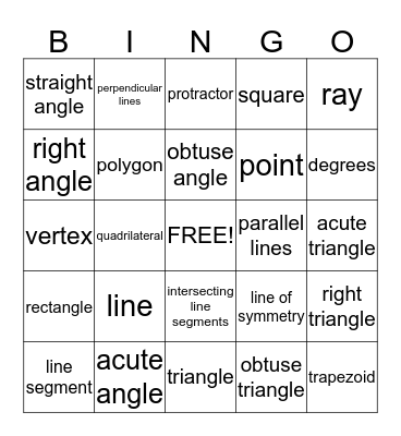 Geometry Vocabulary Bingo Card