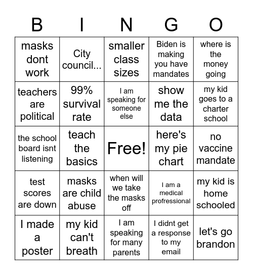 School Board Meeting 10/26 Bingo Card