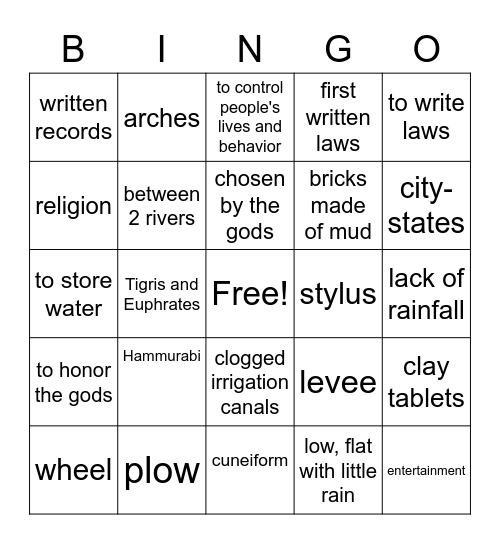 Mesopotamia Bingo Card