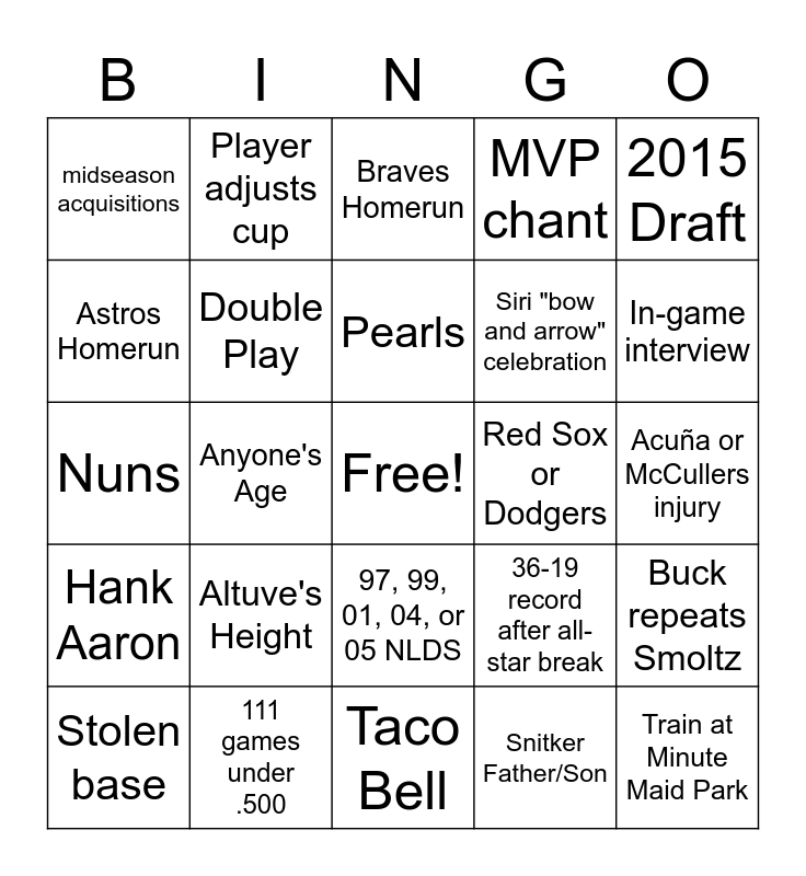 2021 World Series Game 1 BINGO Card