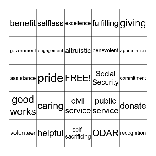 Public Service Recognition  Bingo Card