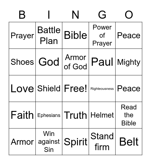 Armor of God Bingo Card