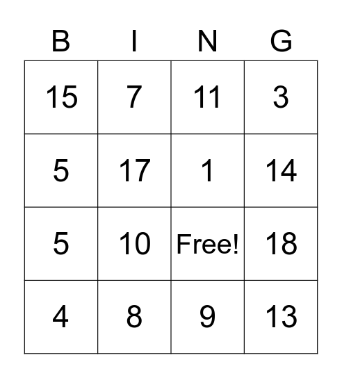 Addition & Subtraction within 20 Bingo Card