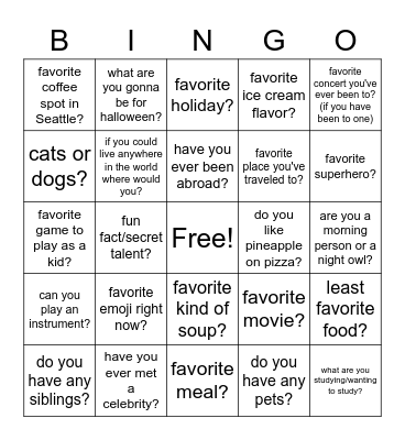 Get To Know You Bingo Card