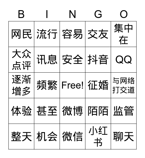 网络交友 Bingo Card