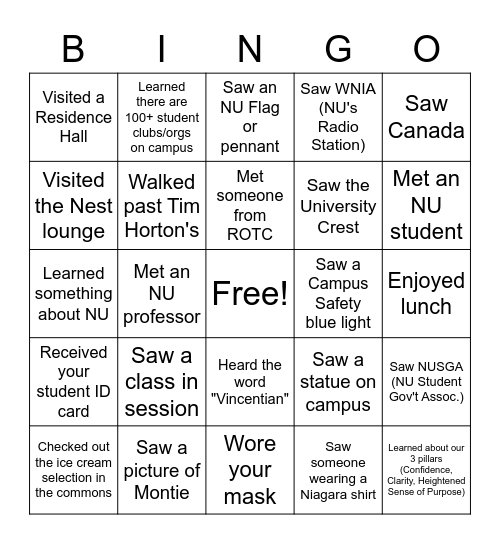 Niagara University Bingo Card