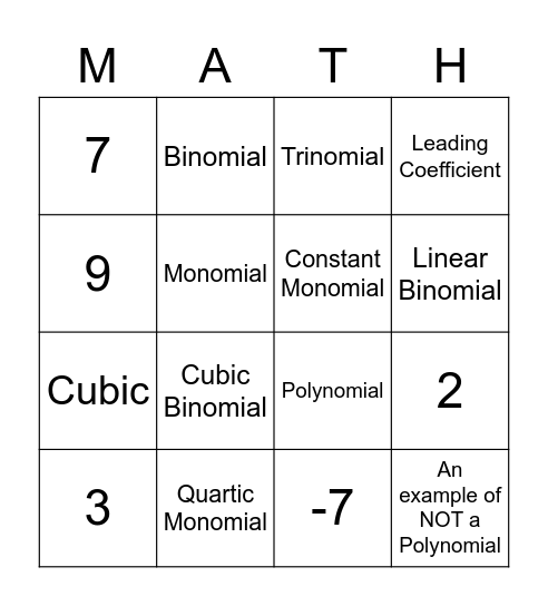 Classifying Polynomials Bingo Card