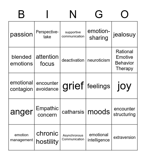Experiencing & Expressing Emotions Bingo Card