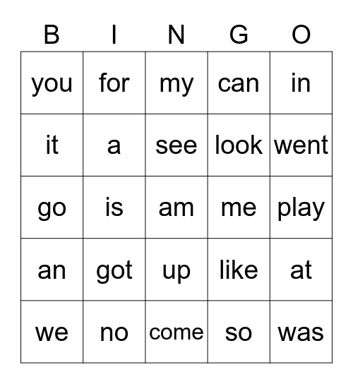 Snap Word Bingo Card
