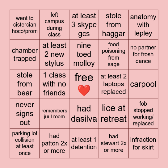 ursuline bingo Card