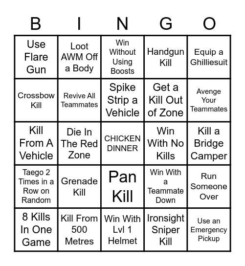 PUBG Bingo Card