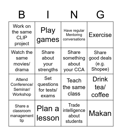 Things We (Mentor/ Mentee)  have done together Bingo Card