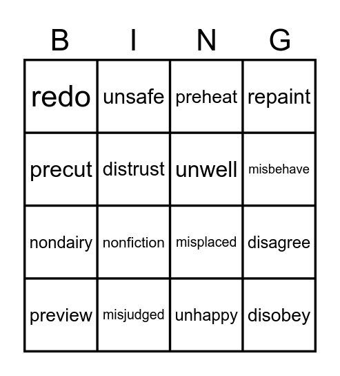 Prefix BINGO Card