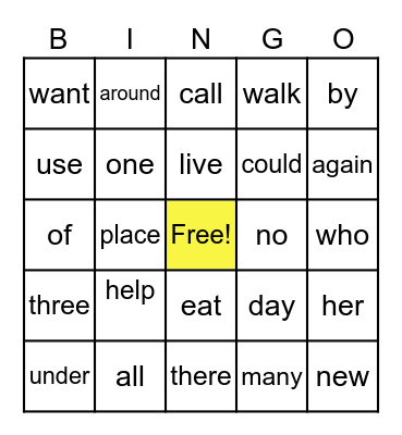 Unit 2 Sight Word Bingo Card