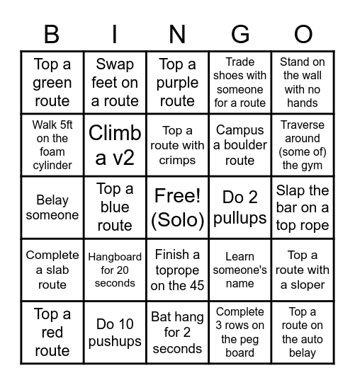 Ragin Cajun Climber Bingo Card