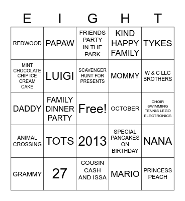 BIRTHDAY NUMBER 8 Bingo Card