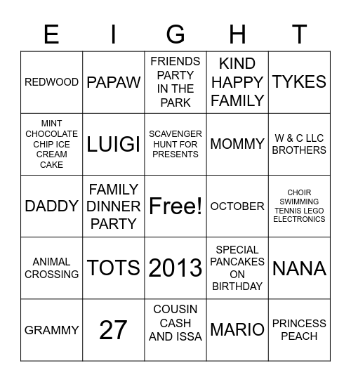 BIRTHDAY NUMBER 8 Bingo Card
