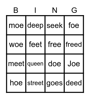 Vowel Teams - EE & OE Bingo Card
