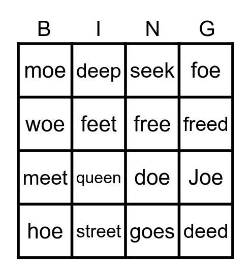 Vowel Teams - EE & OE Bingo Card
