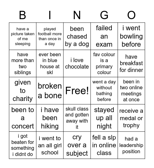 Interact club Bingo Card