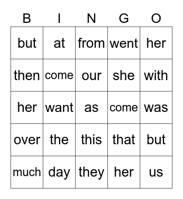 Sight words Bingo Card