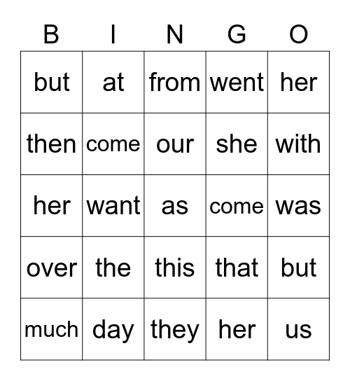 Sight words Bingo Card