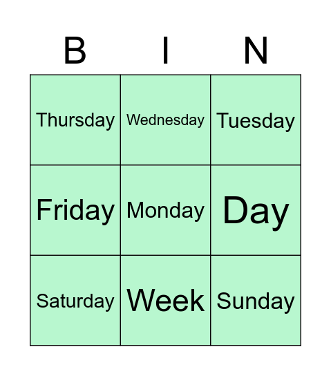 Days of the Week Bingo Card