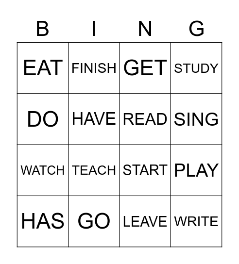 VERBS Bingo Card