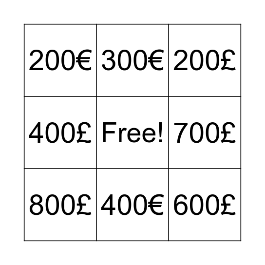 BINGO 100-900 libra y euro Bingo Card