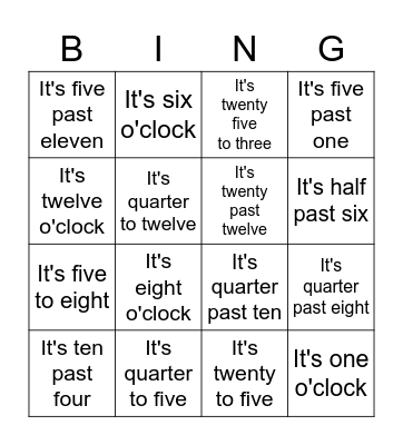 Telling Time Bingo Card