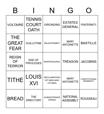 FRENCH REVOLUTION BINGO Card