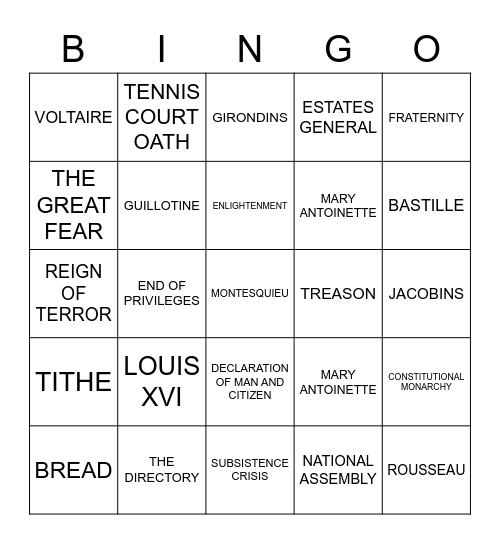 FRENCH REVOLUTION BINGO Card