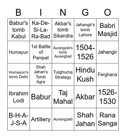 Mughal Empire Bingo Card