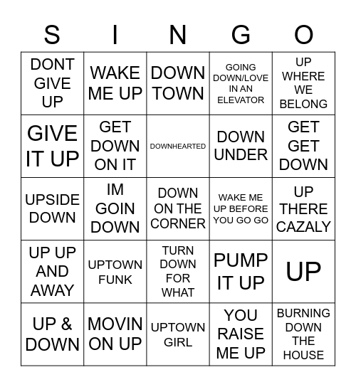 701 UP AND DOWN Bingo Card