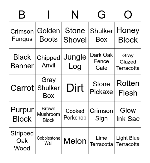 Minecraft Items 1.17 Bingo Card