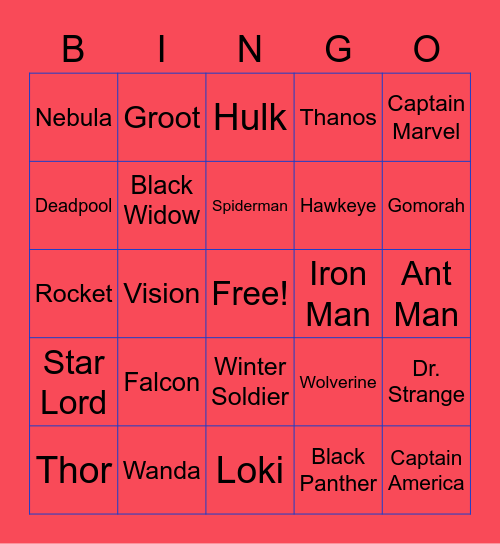 Marvel Bingo Card