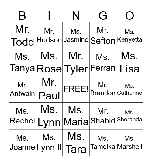 West End Staff Members Bingo Card