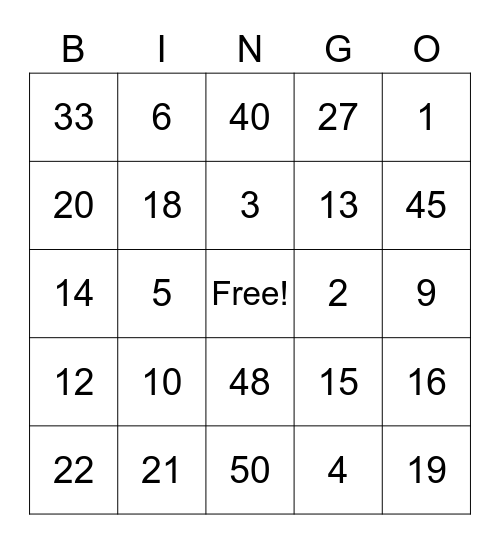 Number bingo Card