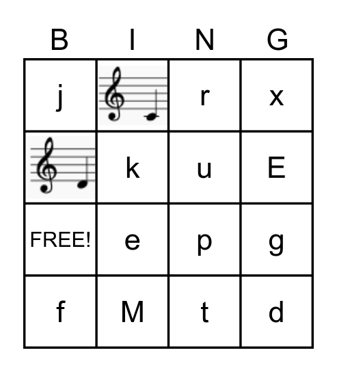 Treble Clef Notes Bingo Card