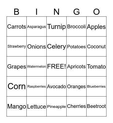 Fruits and Vegetables Bingo Card